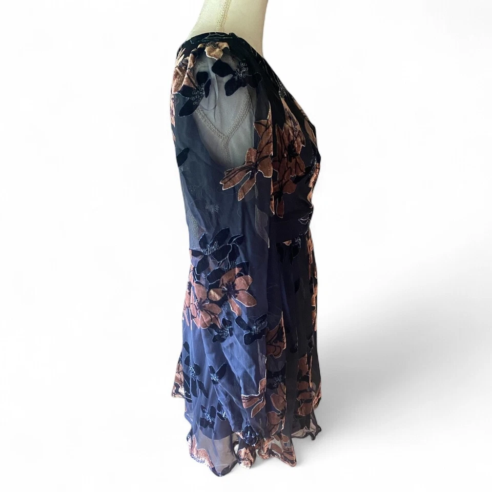 Lulu's Stunning Feeling Blue Velvet Floral Chiffon Burnout Mini Dress Fairy Boho - Image 2 of 4