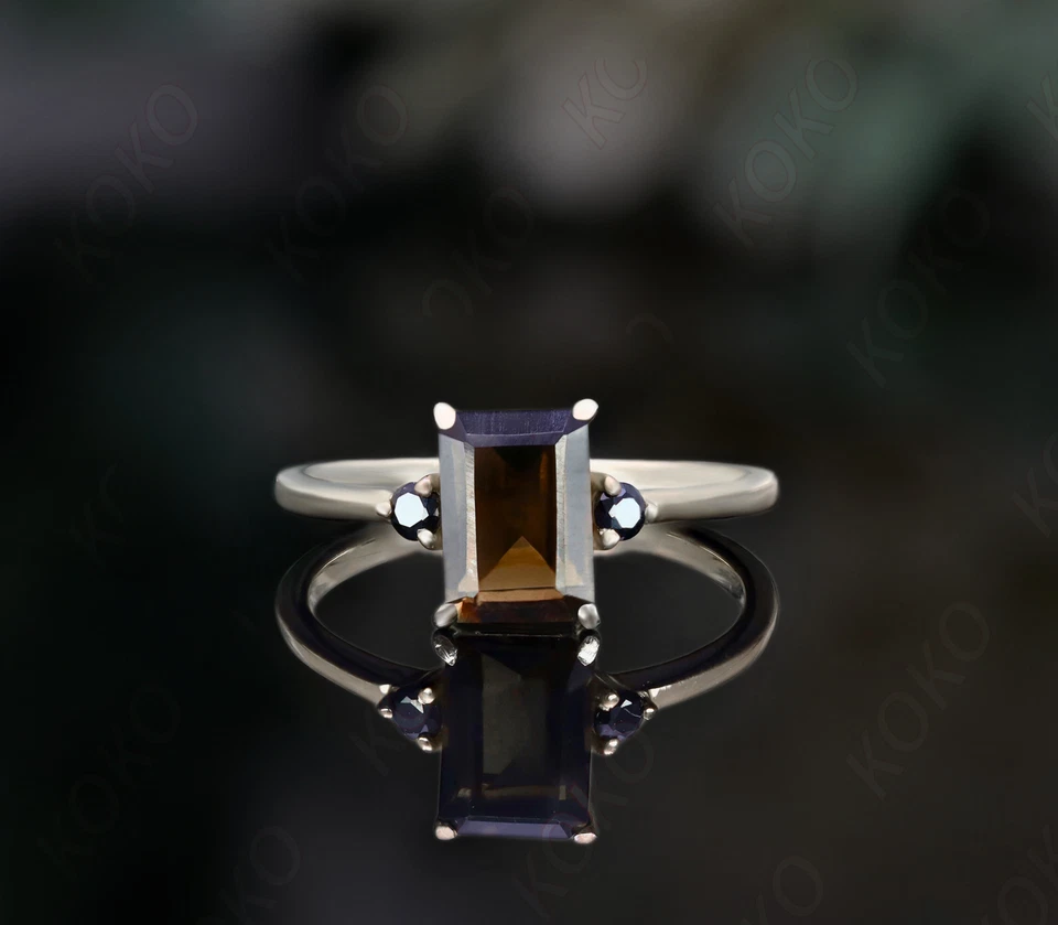 Anillo de compromiso de cuarzo ahumado de plata 925 enchapado en oro rosa de 14 quilates Foto 3 de 4