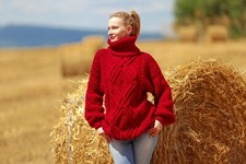 Thick red wool sweater warm pullover cable knit turtleneck jumper XL size