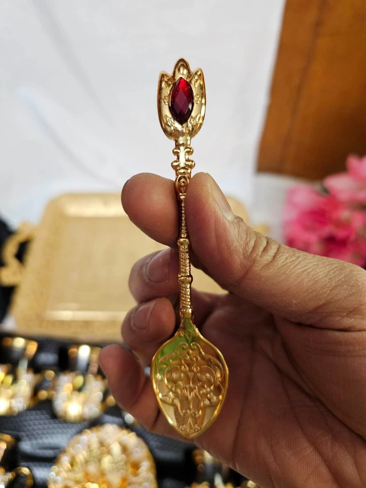 19pcs Handmade Copper Turkish Coffee Tea Serving Set Swarovski Coated Gold Color - Image 4 of 4