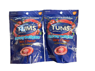 TWO BAGS Tums Antacid Chewy Delights VERY CHERRY 32 Soft Chews each (64 total)