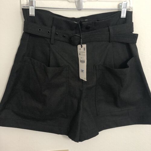 Zara Black High Waist Elegant Belted Big Pockets Paper Bag Shorts Size XS New