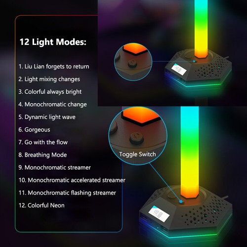 RGB Gaming Headphone Display Stand 12 Light-Mode Headset Holder 3.5mm Audio - Afbeelding 3 van 8