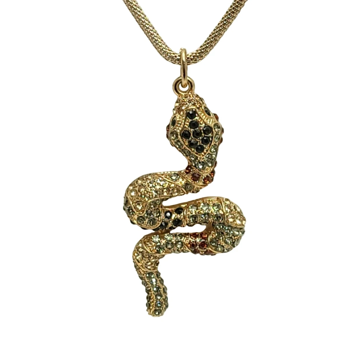 Multi Color Rhinestone Snake Pendant Statement Necklace Gold Tone