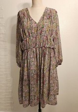 MNG Mango Floral Puffy Long Sleeve Flowy Boho V Neck Dress