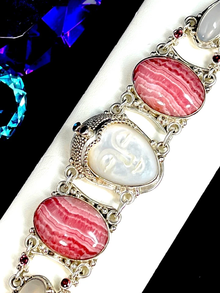 PULSERA SAJEN DIOSA RODOCROSITA ENCAJE PIEDRA LUNAR FIBRA ÓPTICA TALLADA ESTERLINA Foto 4 de 4