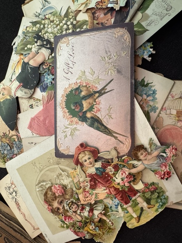 ANTIQUE SCRAPBOOK OLD VALENTINES VICTORIAN DIE CUTS POST CARDS DOGS ANGELS BIRDS