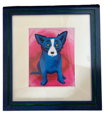 George Rodrigue Blue Dog Red Background Print Framed w/Box Lucky Blue Dog 003