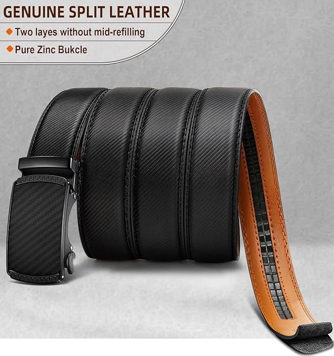 Genuine Leather Mens Ratchet Belt Belts For Men Adjustable Automatic Buckle - Image 3 of 4