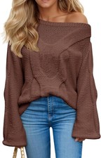 Womens Off One Shoulder Sweaters Boat Neck Cable Knit Long, Small