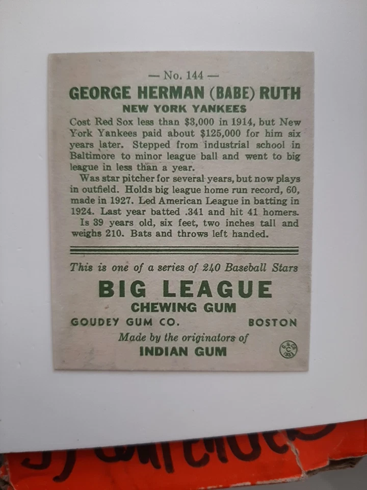 Tarjeta 144 1933 Big League Babe Ruth tarjeta absolutamente hermosa una gran inversión Foto 2 de 2