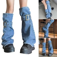 Distressed Washed Jeans Leg Warmer with Buckled Straps Punk Flared Boot Covers
