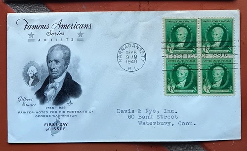 1940 FAMOUS AMERICAN ARTIST GILBERT CHARLES STUART GREEN ARTCRAFT CACHET BLK FDC