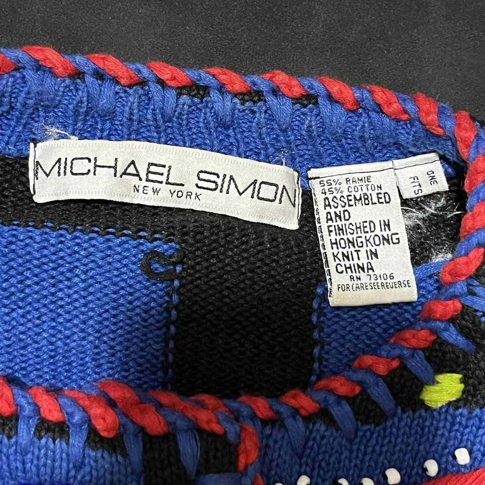 复古 Michael Simon 毛衣女式均码红色蓝色黑色大胆艺术针织 90 年代 — 第 4/4 张图片