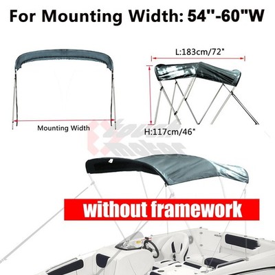 3 Bow 54''-60''W Boat Bimini Top 600D Polyester Canopy Gray Cover without frame