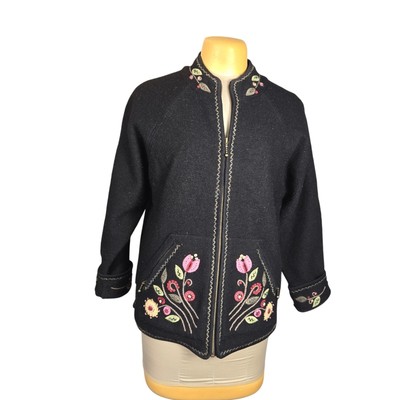 Icelandic Design Womens Large Zip Up 100% Wool Cardigan Floral Embroidered Y2K