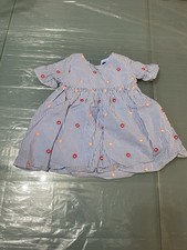girl's blue striped dress features small embroidered flowers and ruffled sleeves