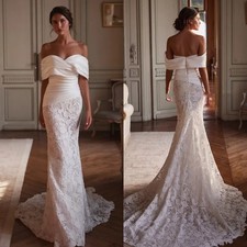 Luxury Mermaid Wedding Dress Off Shoulder Lace Applique Sweep Train Bridal Gowns