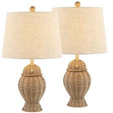 JONATHAN Y 20.5" Wicker Table Lamps Set of 2 , Rustic Boho Beige Linen LED