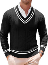 Mens V Neck Sweater Casual Cable Knit Slim Fit Pullover Long Medium Black