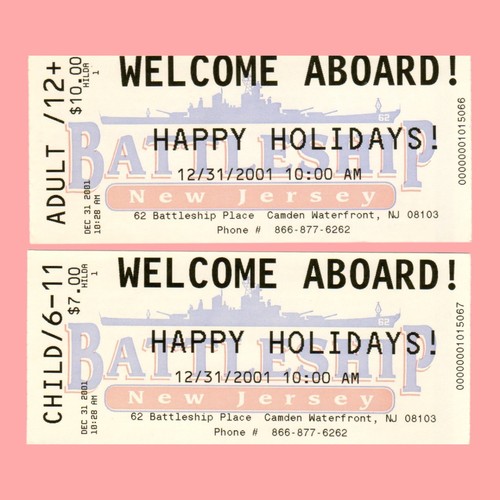 Battleship New Jersey Dec. 31, 2001 Welcome Aboard Tickets (2) 1 Adult, 1 Child - Picture 2 of 5