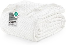 100 Cotton Waffle Blanket Queen Size White, 90x90 Inch Lightweight Breathable