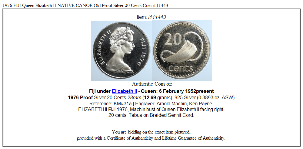 1976 FIJI Queen Elizabeth II NATIVE CANOE Old Proof Silver 20