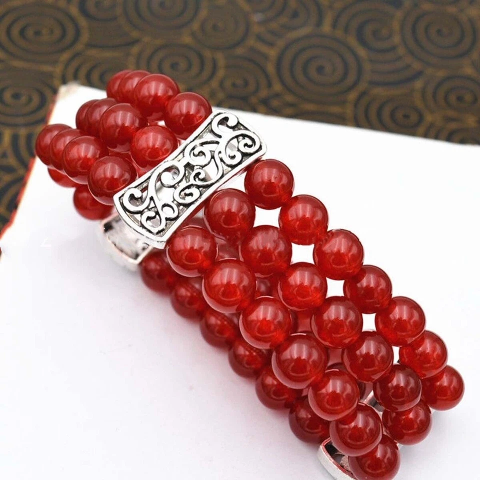 Natural 3 Rows 8mm Red Jade Beads Stretch Tibetan Silver Gems Bracelet 7.5'' AAA - Изображение 3 из 4