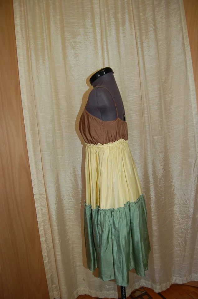 Vestido para mujer Ella Moss amarillo seda/marrón/verde correa de espagueti forrado flujo talla P Foto 3 de 4