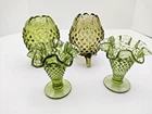 New ListingLot of 4 Olive Green FENTON Hobnail Glass VASES 3 Footed & Ruffled Edge