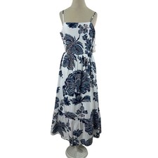 Japna Women's Maxi Dress Navy Blue Caramel Floral Back Tie Cotton Linen Size M