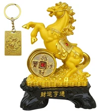 Feng Shui Year 2026 Chinese Golden Zodiac Horse Statue with Money Coin Decor