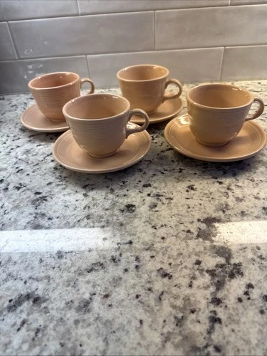 Fiesta Wear Set Of Four Tea Cups And Saucers In Perfect Condition, Peach