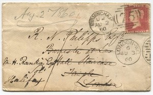 GB UK Penny Red on 1860 forwarded cover