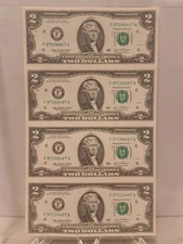 Sheet of Four Uncut Series 2003-A $2 Notes | Crisp | Atlanta Georgia