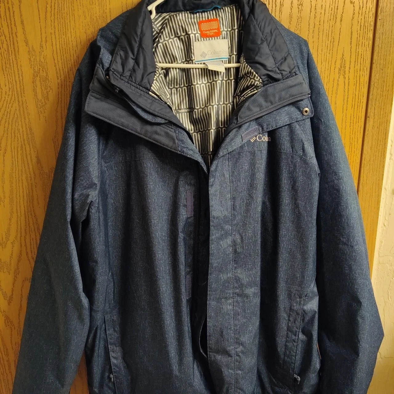 Columbia Blue Parka Jacket Hooded Zip Logo Men's L Mid-Length Thermal Outdoor