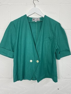 Vintage 80er Jahre Leinenmischung grün Gr. M zwei Knöpfe Kurzarm Sommer Kurzjacke