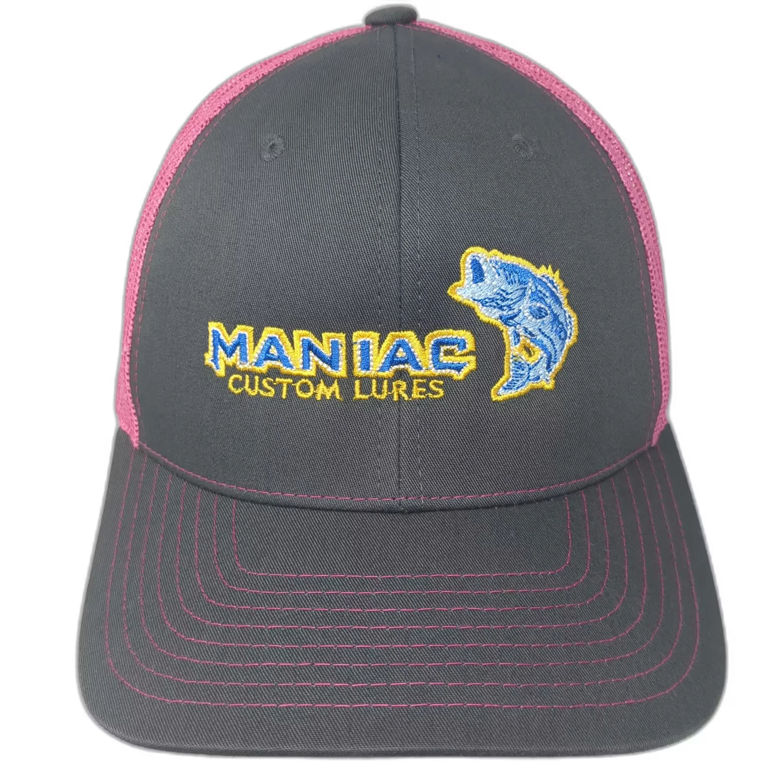 Richardson Trucker Hat Gray Pink Maniac Custom Lures Bass Fish OS Adjustable