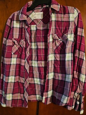 Aeropostle Flannel Shirt Med Purple Plaid Warm L/Slv Button Up Ex Used Cond B1
