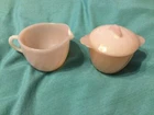 Vintage Fire King Oven Ware Cotton-Candy Pink Swirl Sugar w/Lid and Creamer RARE