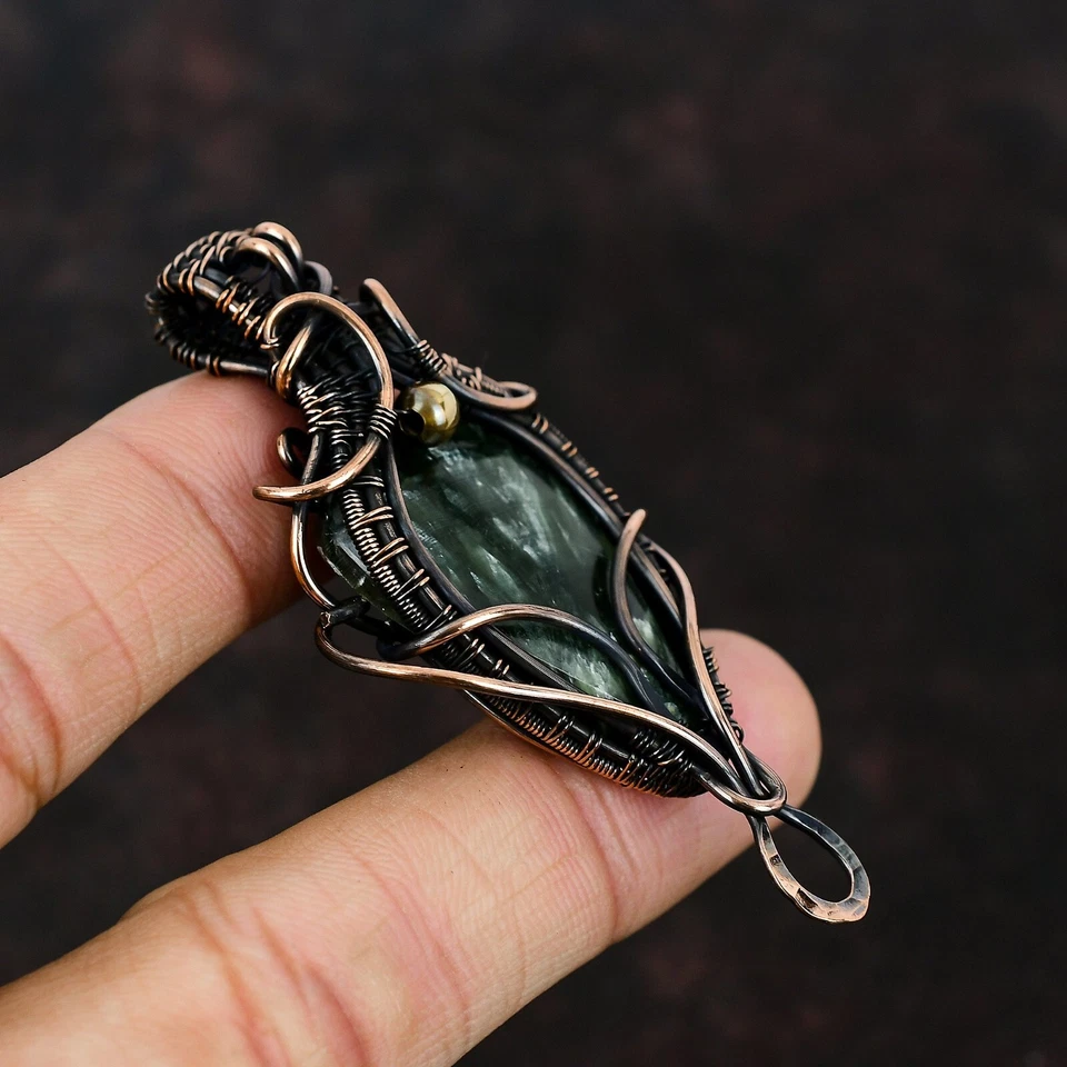 Regalo de boda para ella colgante envuelto en alambre de joyería de serafinita de cobre 2,83" Foto 3 de 4