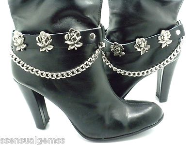 Roses Black Leather Biker Western Boot Straps W Chain Buckle Women's New PAIR