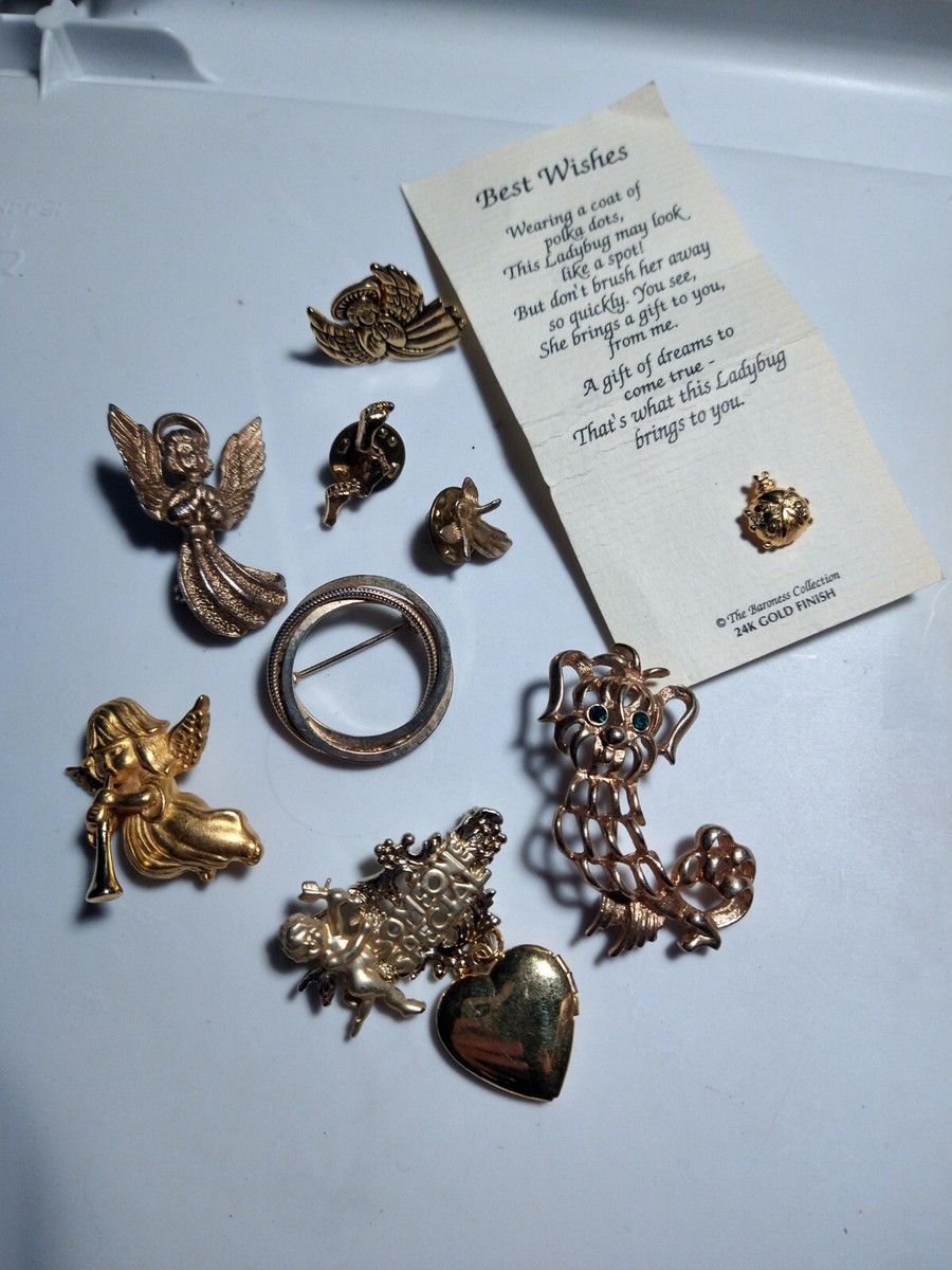 Jewelry Lot #72 pcs Angels Cherubs Dog Ladybug Gold Costume Pins Brooch