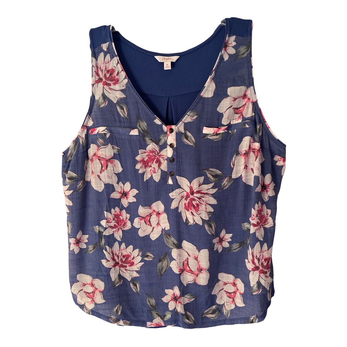 Candie's XL Top Slate Blue Floral Front/Solid Stretch Back V