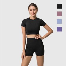 2pcs Women Seamless Yoga Suit Crop Top+Short Sports Fitness Gym Set Outfit
