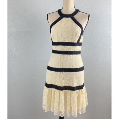 size 0 BCBGMaxazria banded Lace Halter neck fit & flare Dress Cream Black