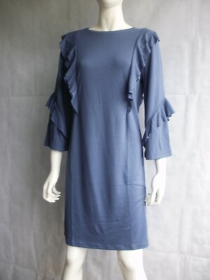 Indigo Denim Blue Jersey Tunic Length Shift Dress with Ruffle Detail