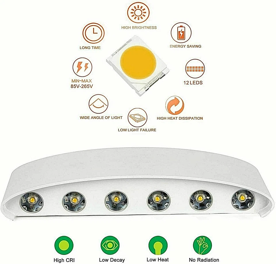Applique Lampada da Parete 12 LED Luce Calda da Interno in Alluminio Bianca - Immagine 3 di 4