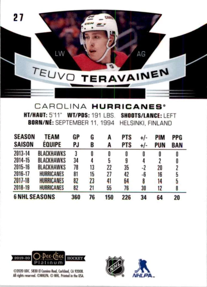 2019-20 O-Pee-Chee Platinum Teuvo Teravainen #27 - Image 2 of 2