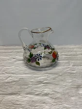 Vintage Romanian Crystal Pitcher Hand Crafted Venetian Fruit Painted 22k Detail